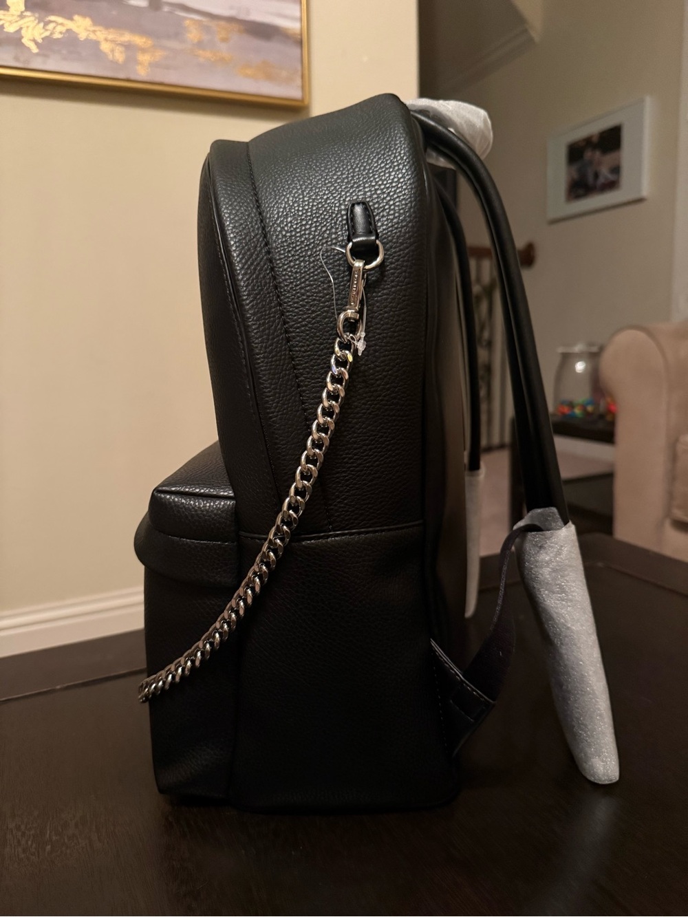 Michael Kors Black Pebbled Leather Backpack with Chain Accent - Picture 4 of 7